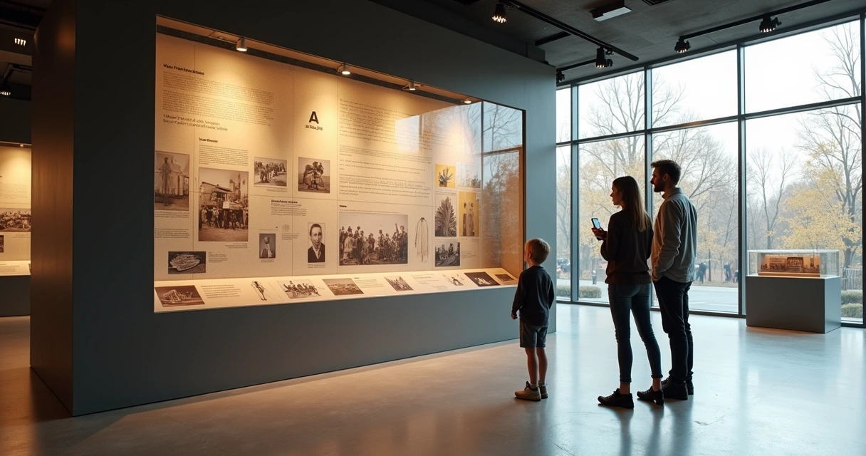 Dois adultos e uma criança conversando em museu moderno 