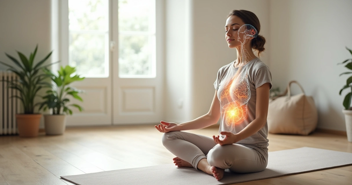 Persona sentada en meditación con silueta del cuerpo y cerebro conectados por líneas de luz 