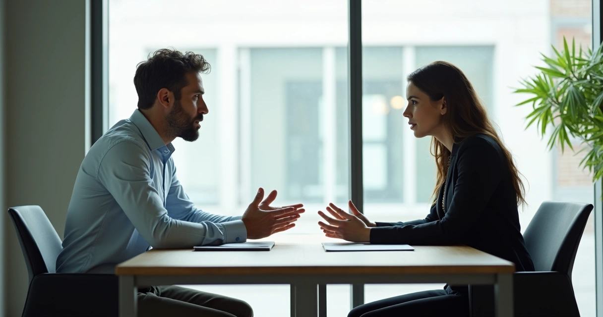 Duas pessoas sentadas em uma mesa, conversando com expressões sérias, em um ambiente de trabalho moderno 