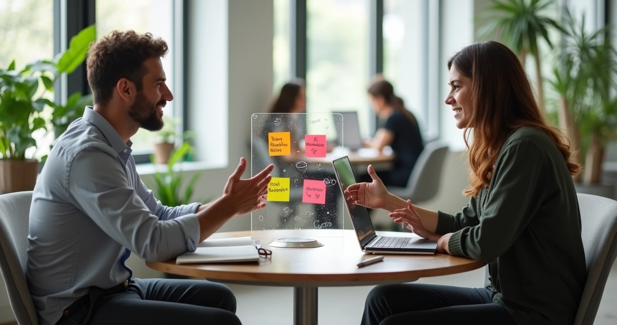 Dois colegas conversam com post-its de necessidades e sentimentos entre eles 
