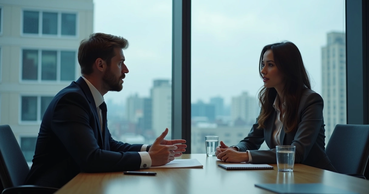 Duas pessoas sentadas em frente a frente conversando em uma sala de reunião