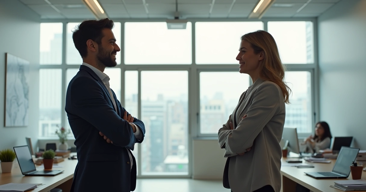 Dois colegas conversando de forma tranquila em ambiente de trabalho 