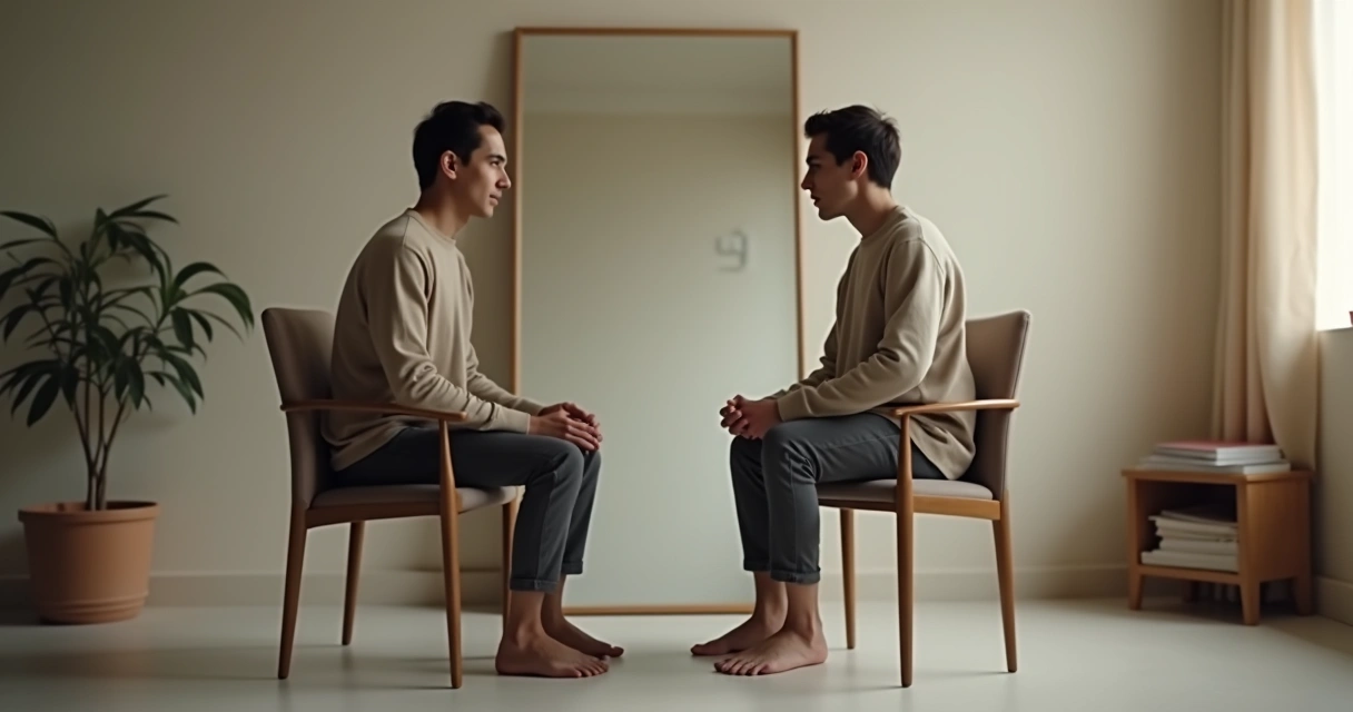 Persona observando su reflejo en un espejo con lenguaje corporal contrastante 