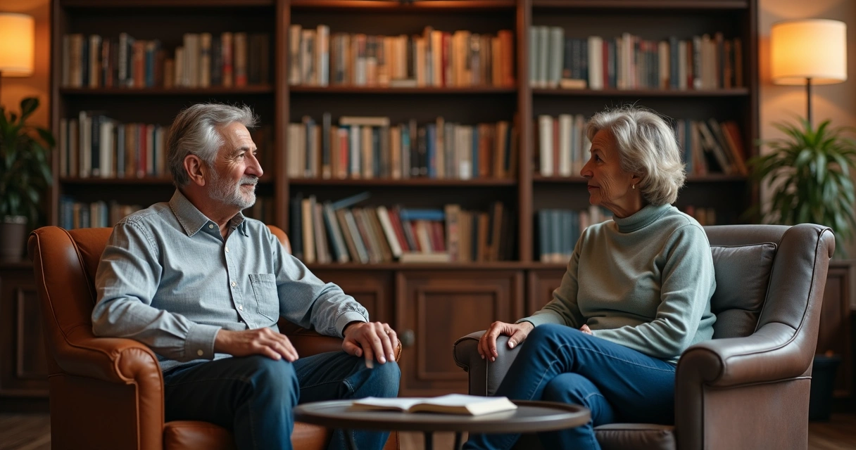 Dois adultos conversando sentados em poltronas, ambiente rodeado de livros 