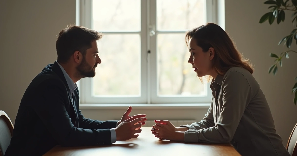 Duas pessoas sentadas de frente, conversando e olhando nos olhos