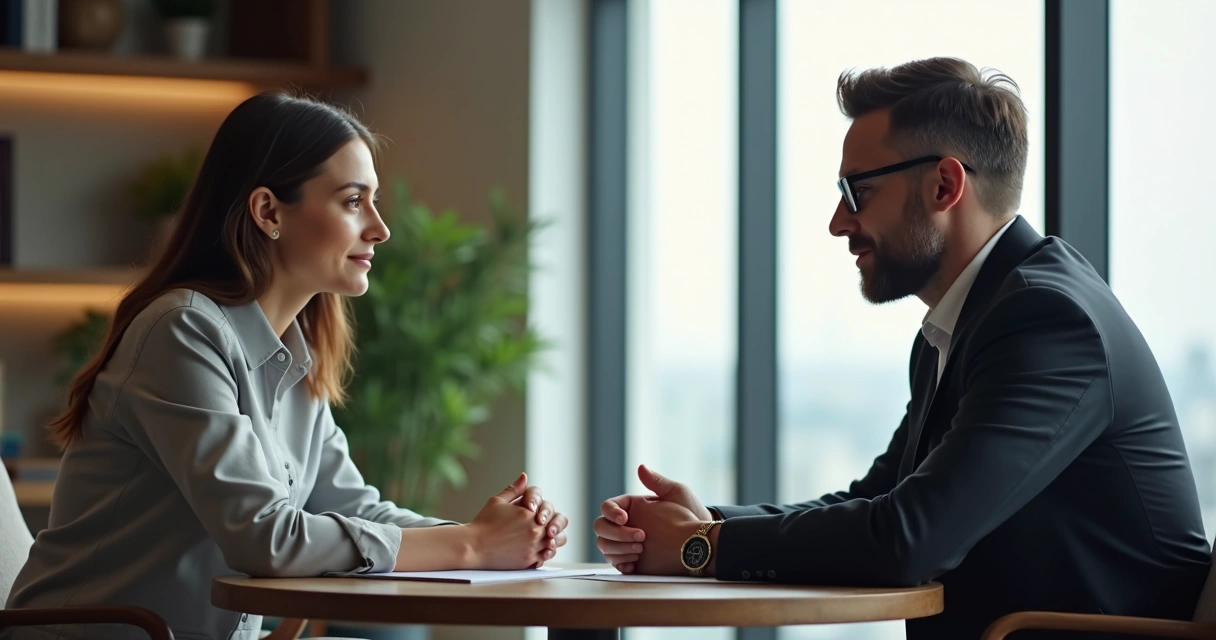 Dois colegas sentados em uma sala, dialogando com expressão respeitosa