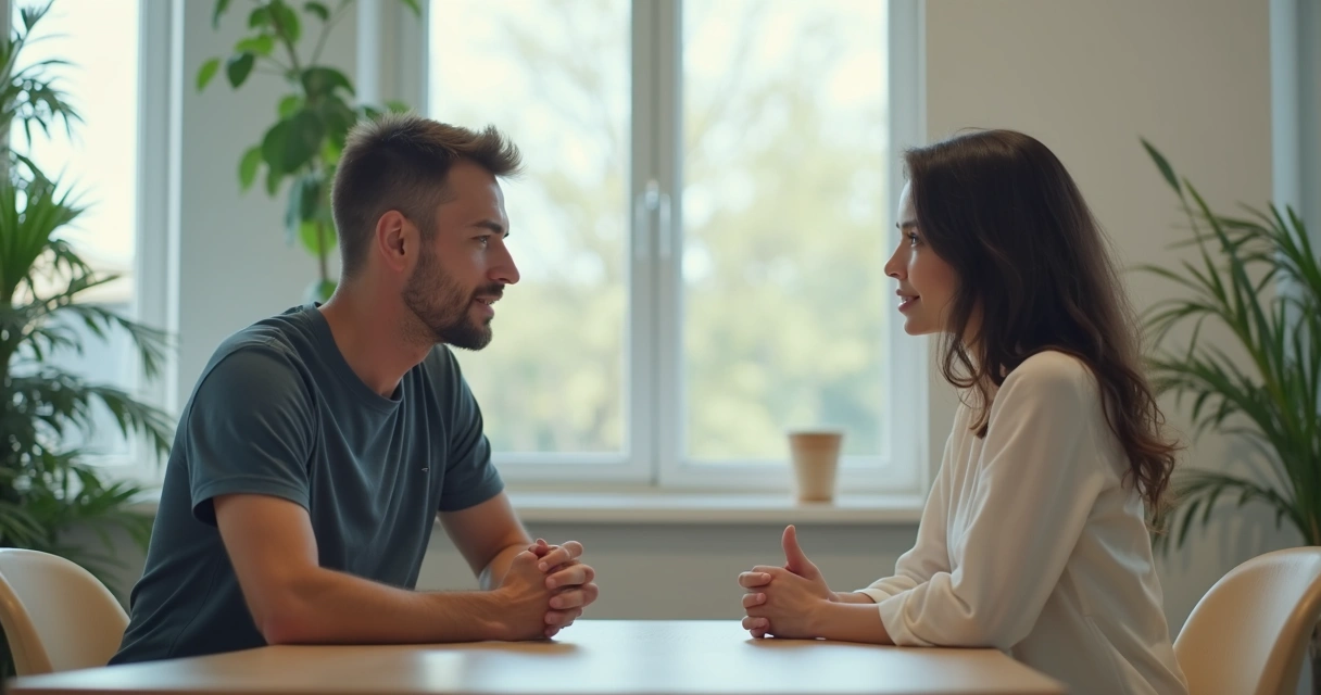 Duas pessoas conversando em um escritório, expressão neutra, clima sutil e cotidiano, tons suaves