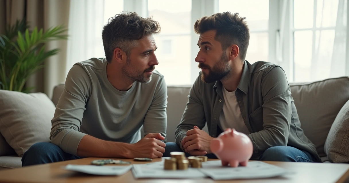 Pai e filho conversando sobre dinheiro na sala