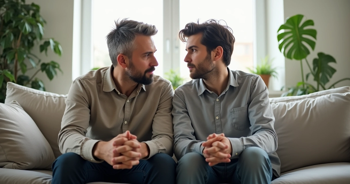 Pai e filho sentados lado a lado no sofá, conversando em tom sério em sala iluminada 