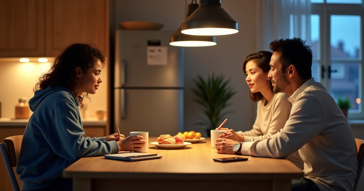 Pais e adolescente conversando calmamente à mesa da cozinha 