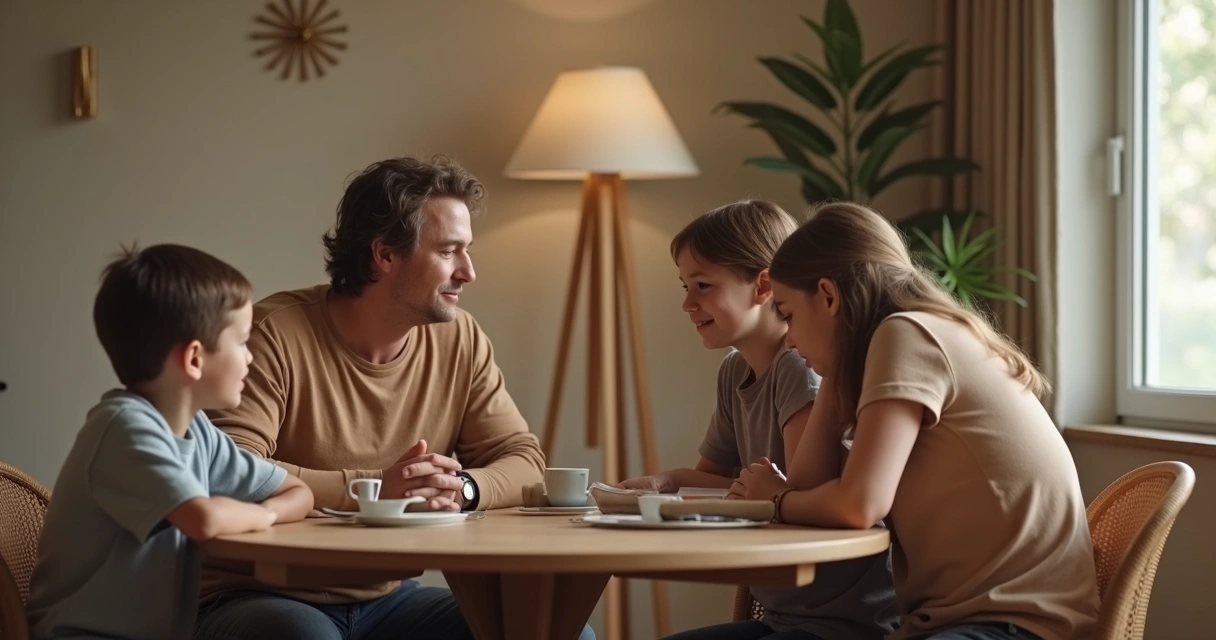Pais conversando com filhos em volta da mesa com expressão de respeito 