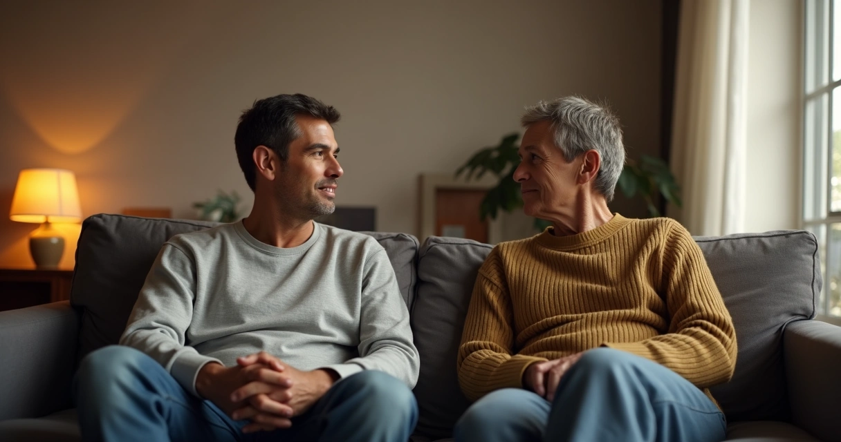 Pareja dialogando respetuosamente en la sala 