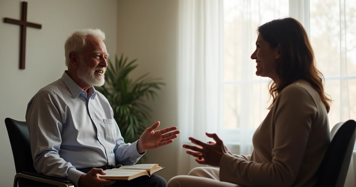 Pastor escutando fiel em conversa privada na igreja