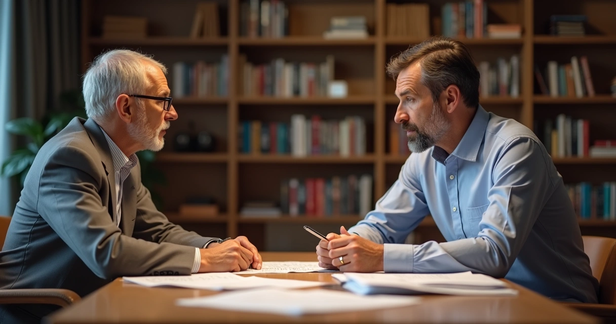 Dos personas conversando con notas y esquemas sobre una mesa 