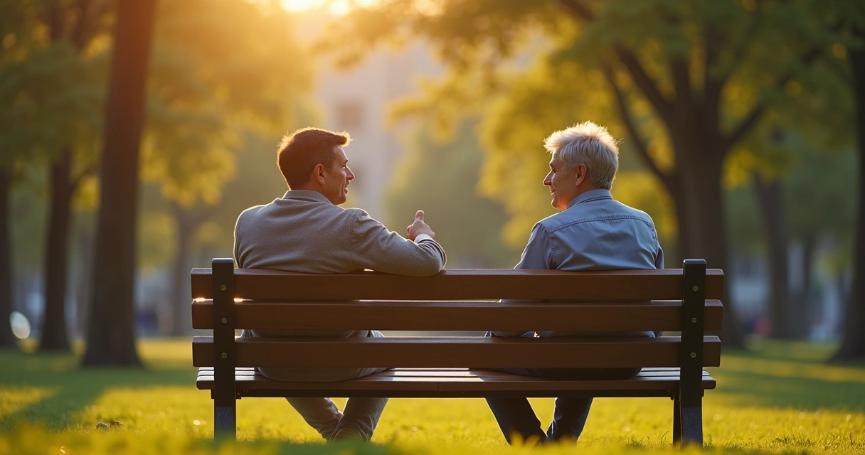 Dos personas conversando en un banco de parque 