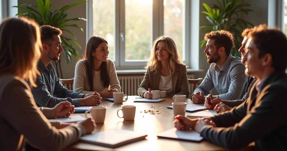 Grupo de pessoas discutindo ideias ao redor de uma mesa redonda, com blocos de anotação e copos de café