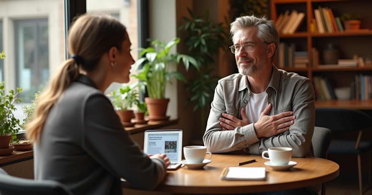 Dos personas conversan sobre política con actitud calmada y respetuosa 