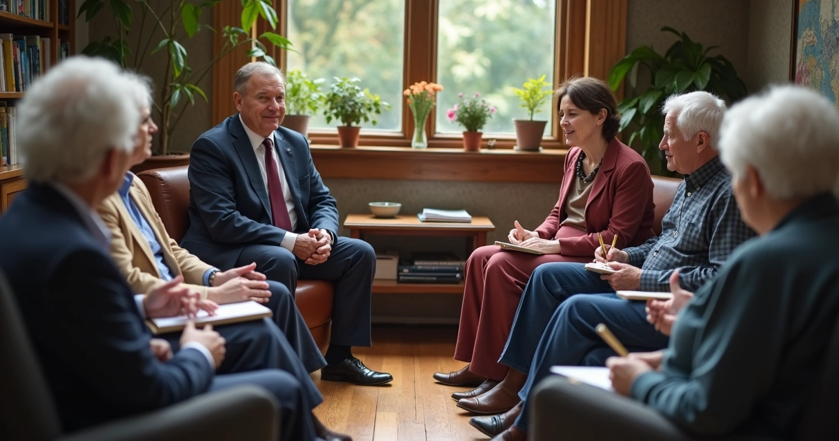 Políticos conversando con ciudadanos mayores y jóvenes sentados en círculo 