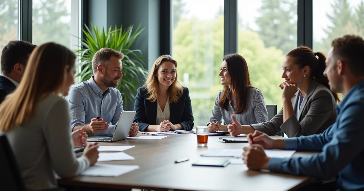 Grupo de colegas em reunião demonstrando diálogo positivo 