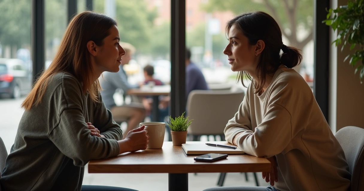 Duas pessoas conversando com atenção em mesa de café iluminada 