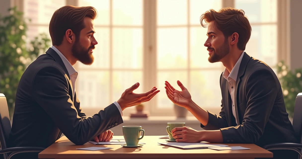 Dois colegas conversando presencialmente em ambiente de trabalho, com expressão de atenção mútua 