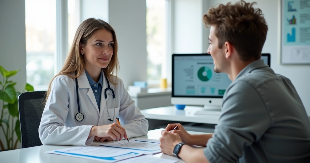 Médico orientando paciente em consultório moderno