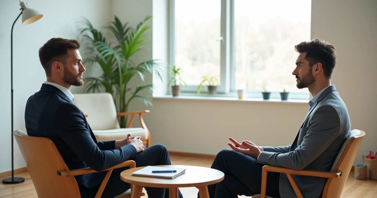 Duas pessoas sentadas em cadeiras de madeira conversando em consultório claro