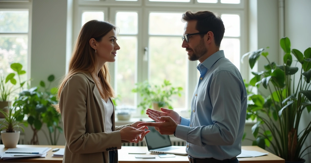 Dois colegas conversando com escuta ativa no ambiente de trabalho