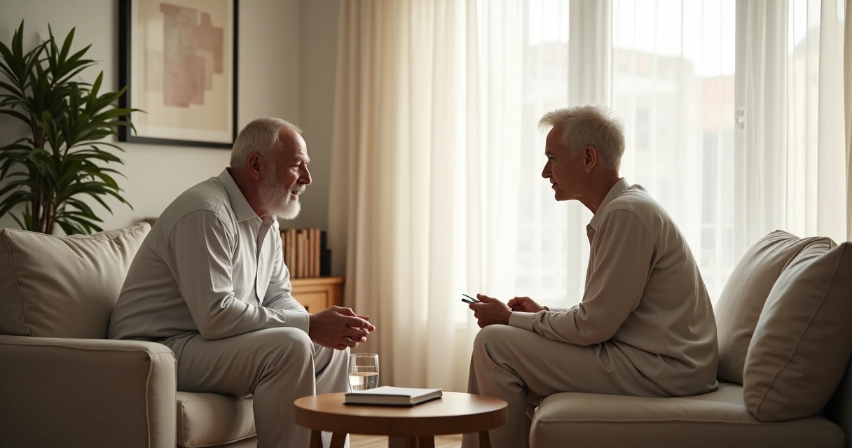 Duas pessoas sentadas frente a frente em conversa silenciosa e atenta 
