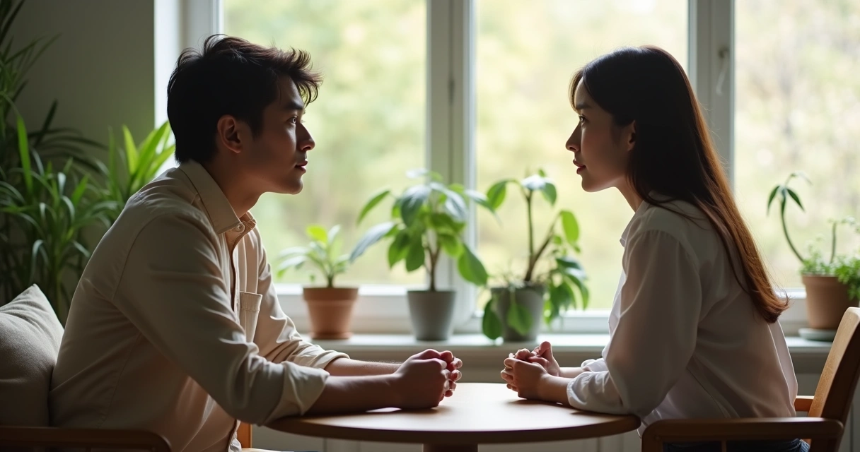 Conversación tranquila entre dos personas sentadas en un espacio iluminado