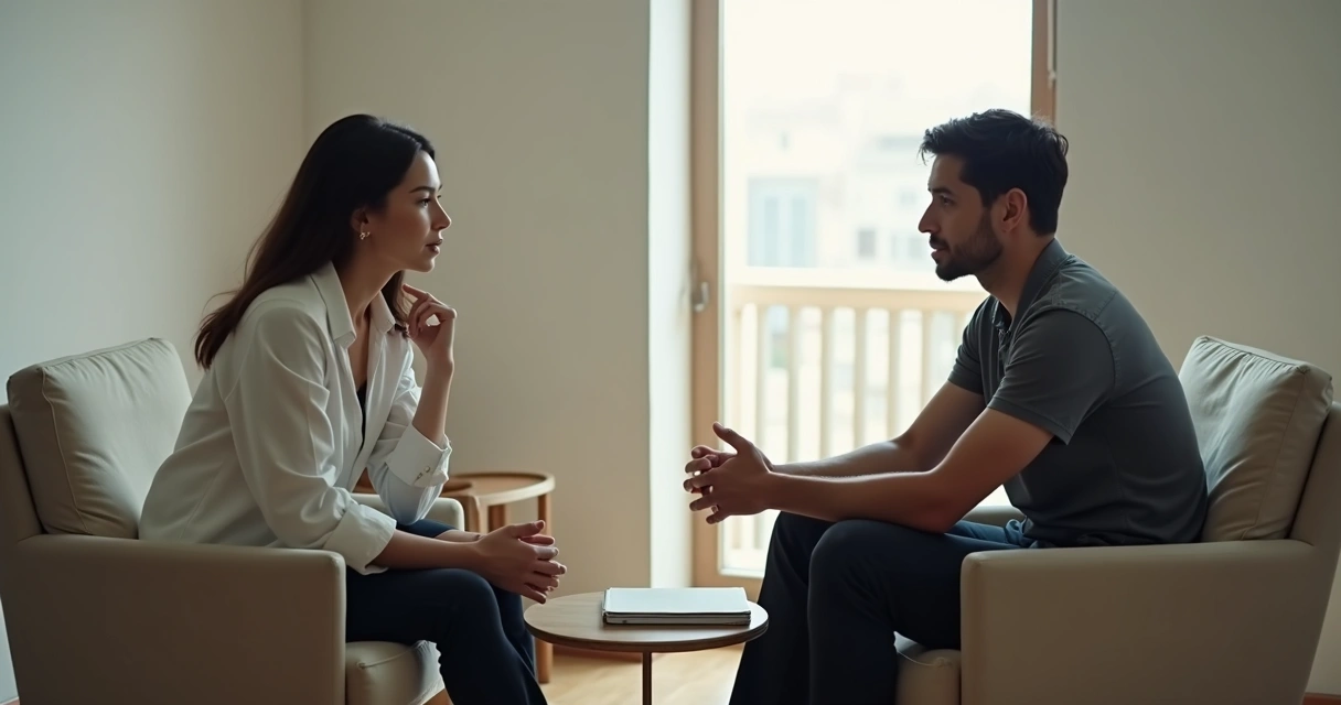Dos personas conversando en un espacio tranquilo con cuaderno entre ambas