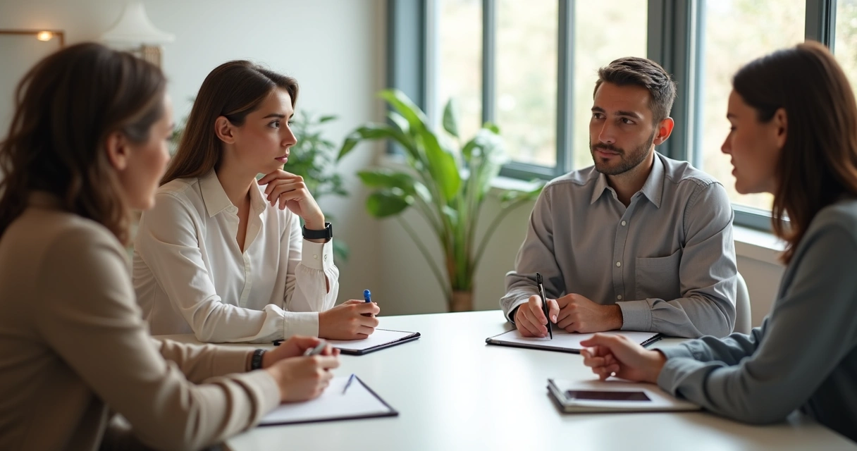 Pequeño grupo conversando con cuadernos en una mesa de trabajo 