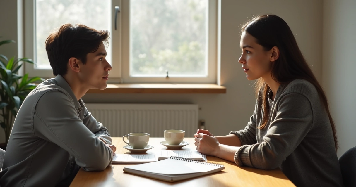Dos personas conversando con una libreta sobre la mesa