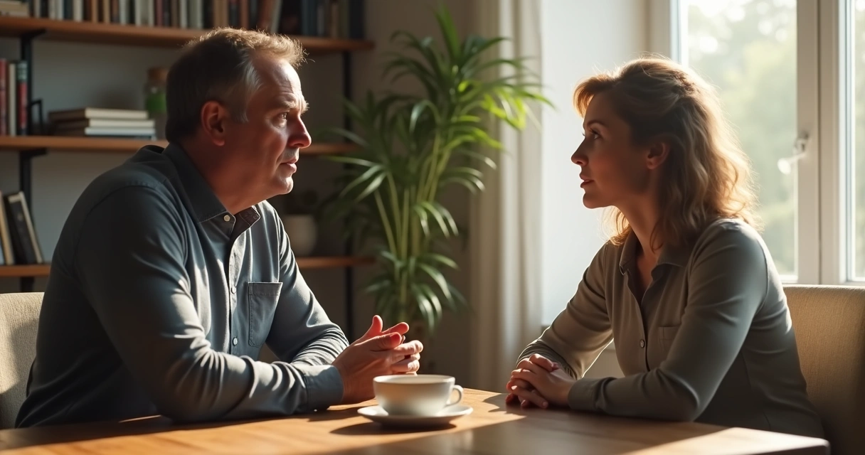 Persona escuchando a otra en una conversación seria