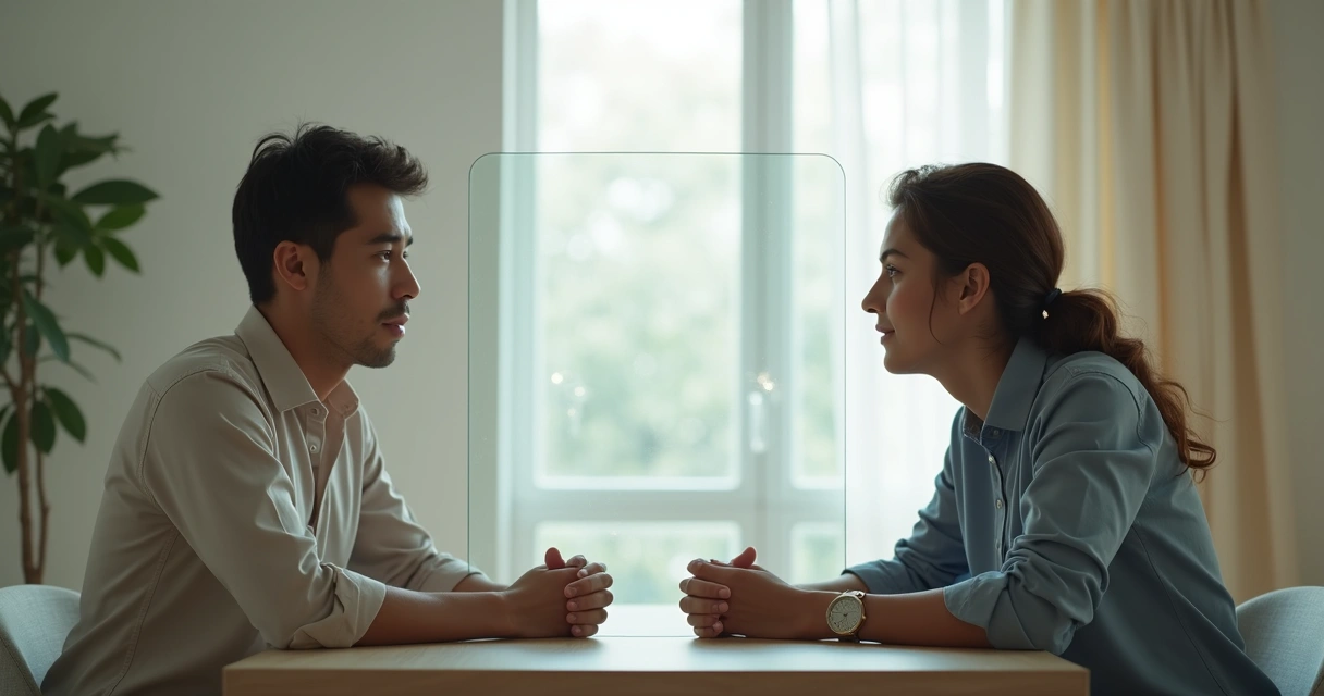 Duas pessoas conversando com reflexos distorcidos de si mesmas em um vidro entre elas 