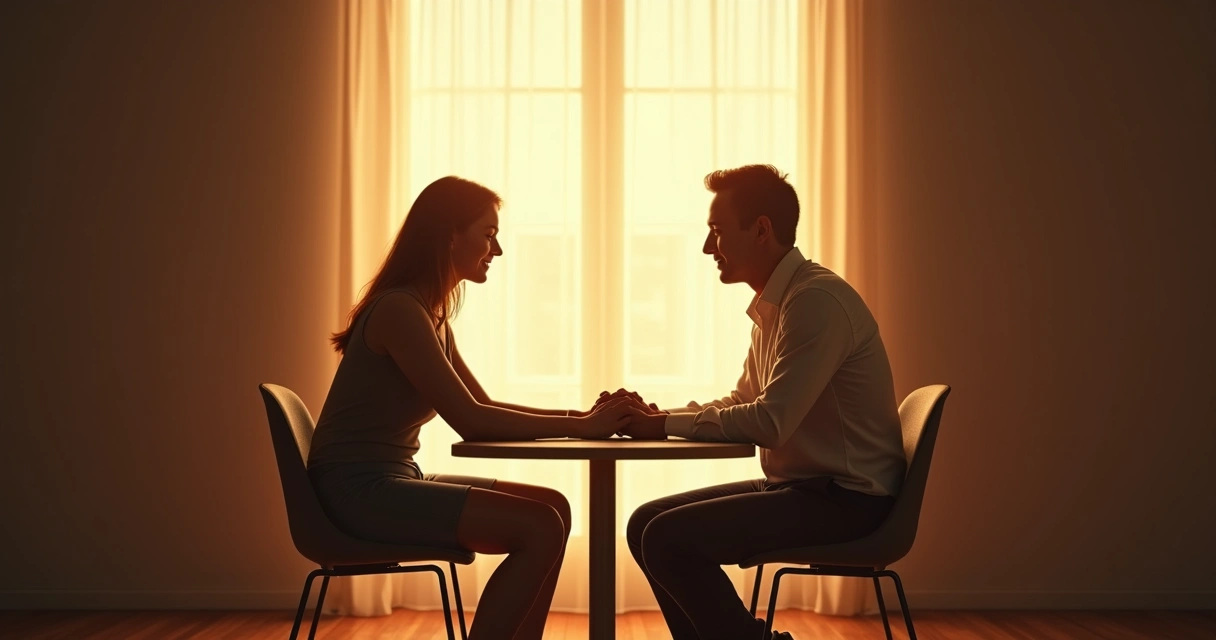 Duas pessoas sentadas em frente uma à outra conversando, com luz suave entre elas. 