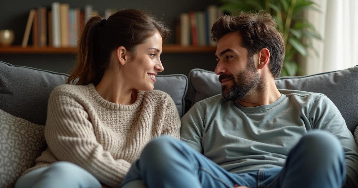 Casal dialogando sentados em sofá, expressando emoções de forma respeitosa 