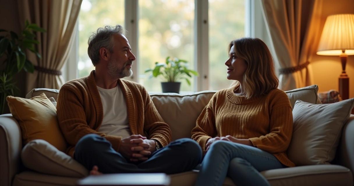 Dos personas conversando con calma en una sala, mostrando respeto mutuo 