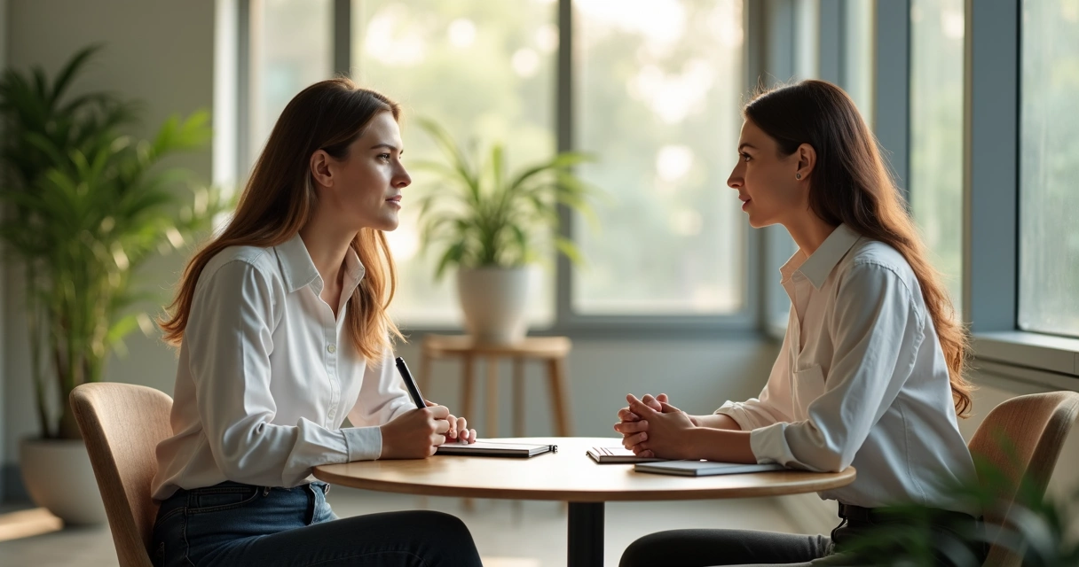 Dos colegas conversan para reparar una tensión laboral