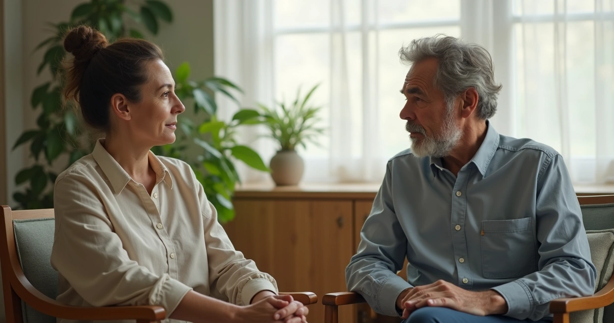 Dos personas dialogando con escucha atenta en un espacio tranquilo