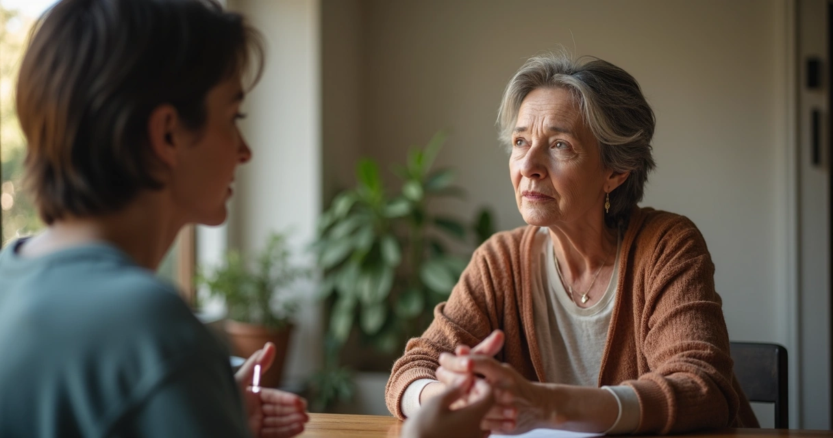 Dos personas conversando con escucha atenta y gesto de reparación 