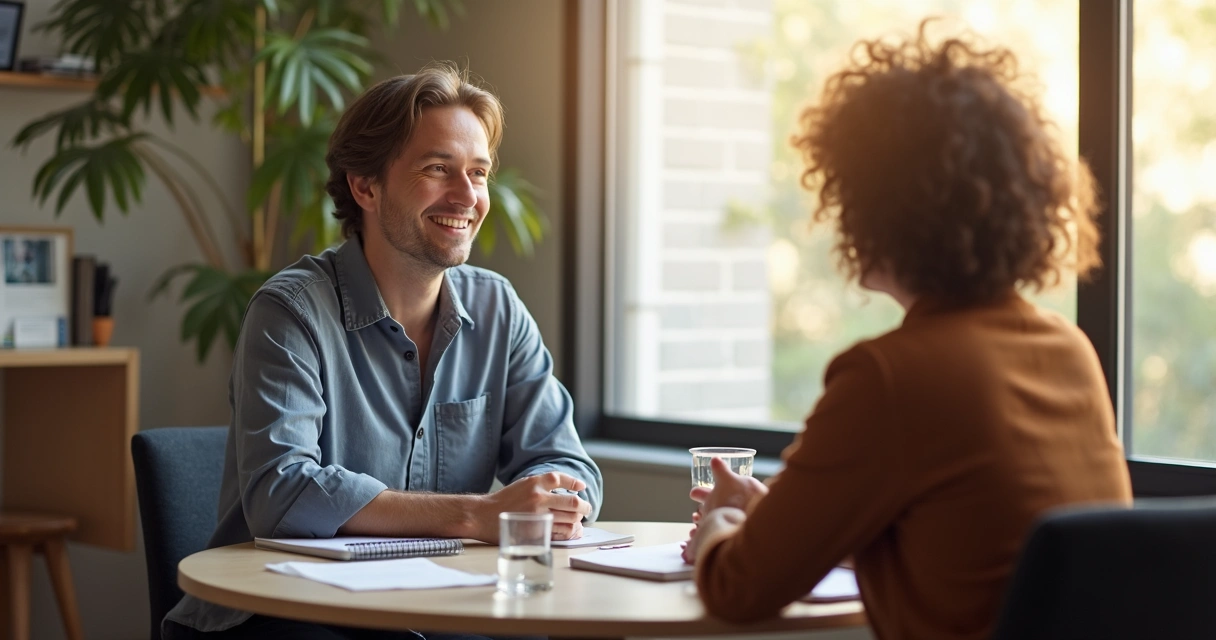 Dos personas conversando con escucha activa en un espacio de trabajo