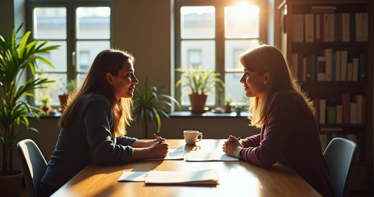 Dos personas dialogando en una mesa con ambiente cálido y una planta al fondo. 
