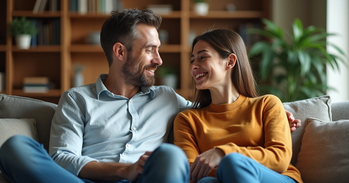Dois adultos dialogando calmamente no sofá da sala 