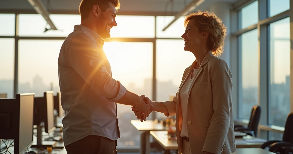 Dois colegas cumprimentando-se sorrindo em um escritório 