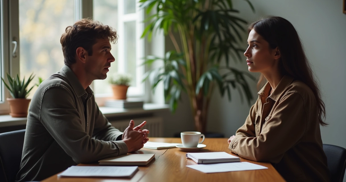 Duas pessoas conversando com atenção em uma mesa