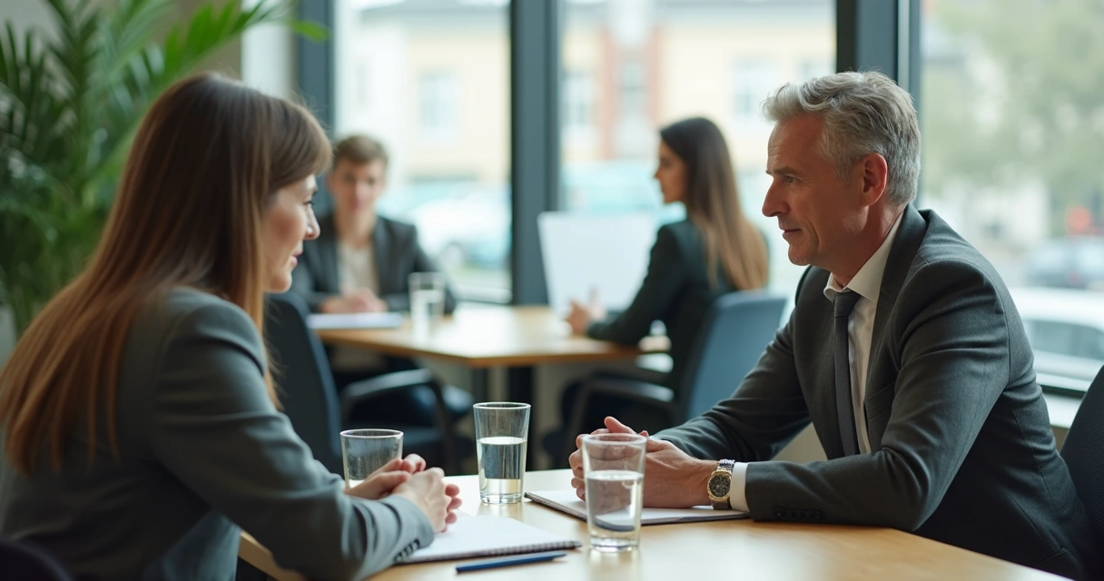 Duas pessoas em conversa respeitosa em ambiente de trabalho 