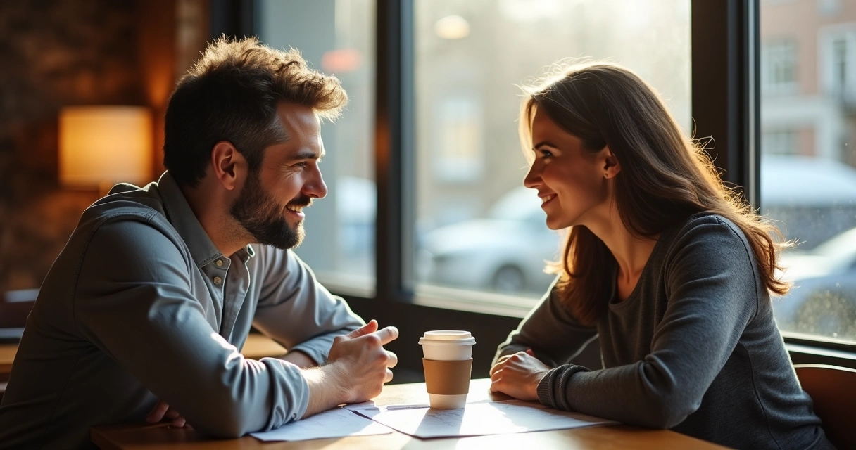 Duas pessoas sentadas conversando e escutando atentamente uma à outra