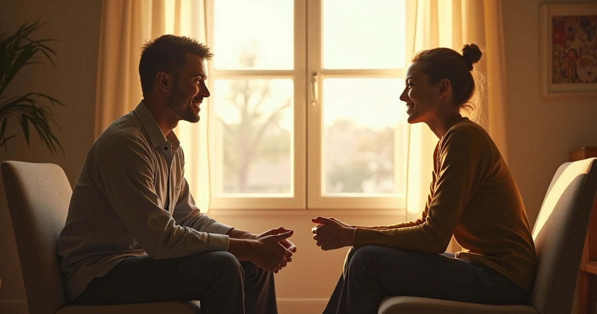 Duas pessoas conversando de forma respeitosa em ambiente tranquilo 