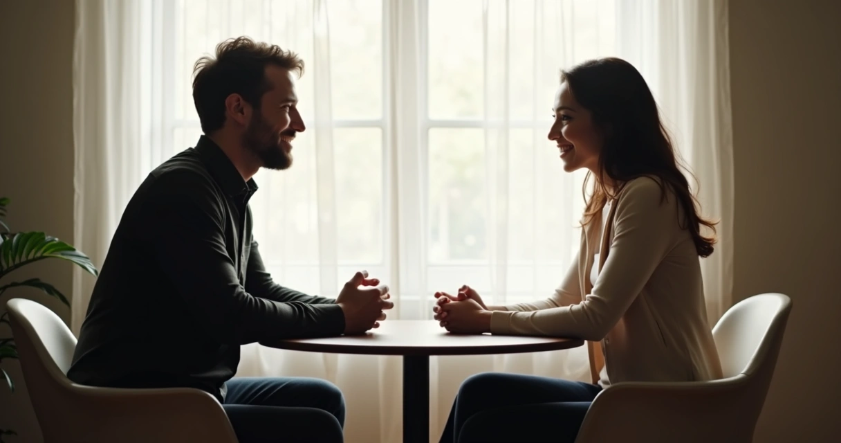 Duas pessoas conversando, uma ouvindo atenta à outra, cenário iluminado e sereno 